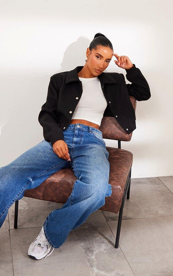 Black Shoulder Padded Wool Look Cropped Bomber Jacket ShopStyle