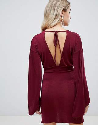 Missguided slinky flared sleeve mini dress in burgundy