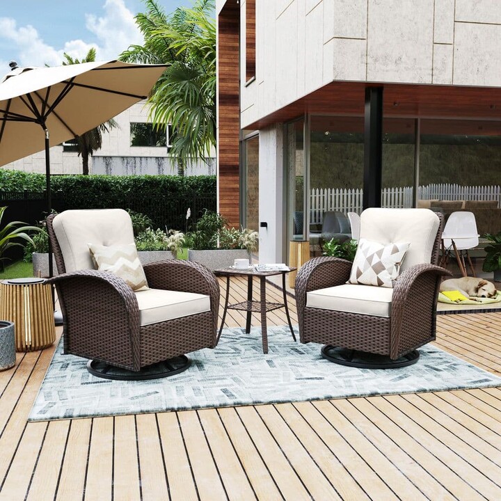 UPHA 3-piece Brown Wicker Outdoor Rocking Chairs with White Cushions