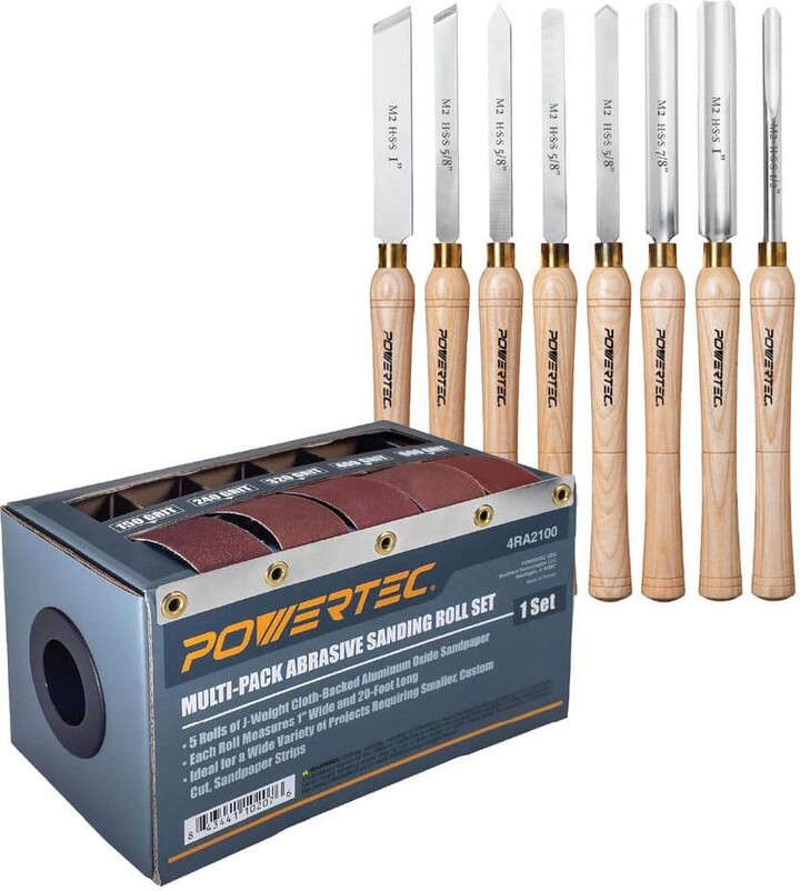 ‎POWERTEC 8PCS Wood Lathe Tools Set HSS Steel Blades and 5 Assorted Aluminum oxide Sand Paper Rolls Dispenser Box for Woodworking