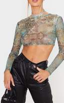 Thumbnail for your product : PrettyLittleThing Green Oriental Printed Mesh Long Sleeve Crop Top