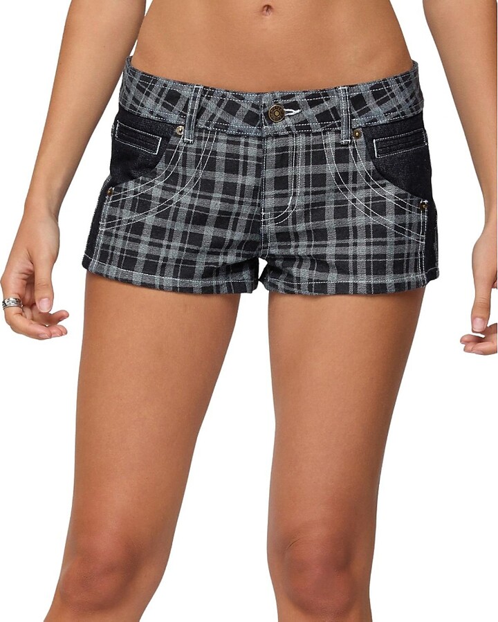 Edikted Carie Plaid Low Rise Denim Shorts