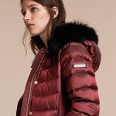 Thumbnail for your product : Burberry Down-filled Coat with Fox Fur Trim Hood, Red