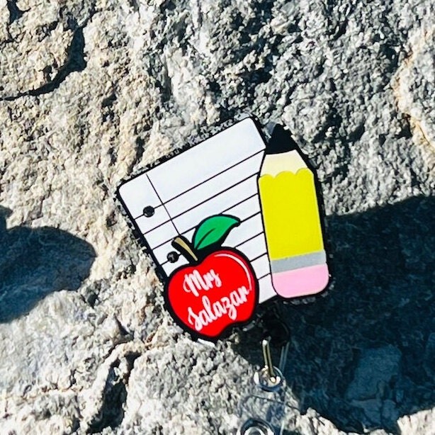 Notebook Teacher Badge Reel, Id Holder, Appreciation, Badge, Pencil Apple Personalized Reel