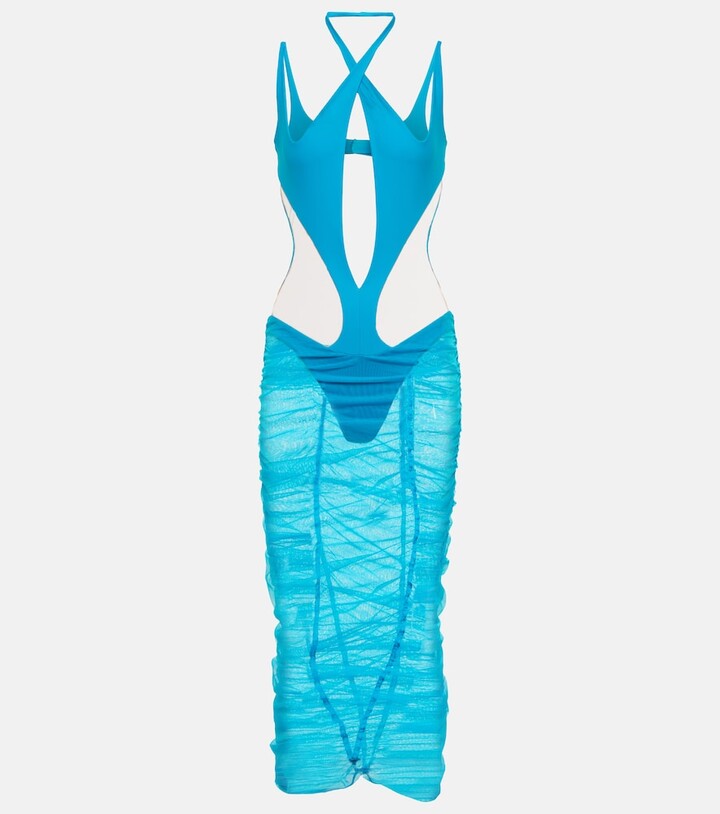 Cutout paneled tulle midi dress