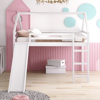AOOLIVE Full Size Loft Bed with Slide, House Bed with Slide,White