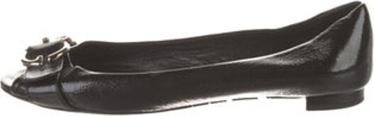 Gucci Patent Leather Ballet Flats Black Double G Logo Peep-Toes Buckle Closure At Uppers Designer