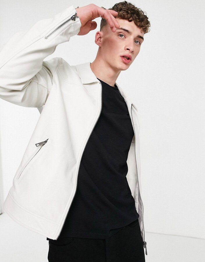 ASOS DESIGN faux leather harrington jacket in white - ShopStyle