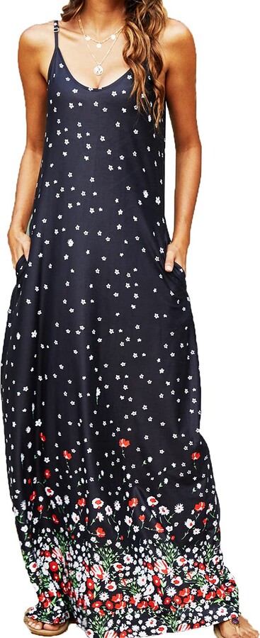 Womens Summer Spaghetti Strap Dot Print Tie Waist Boho Midi Dress with Pockets 