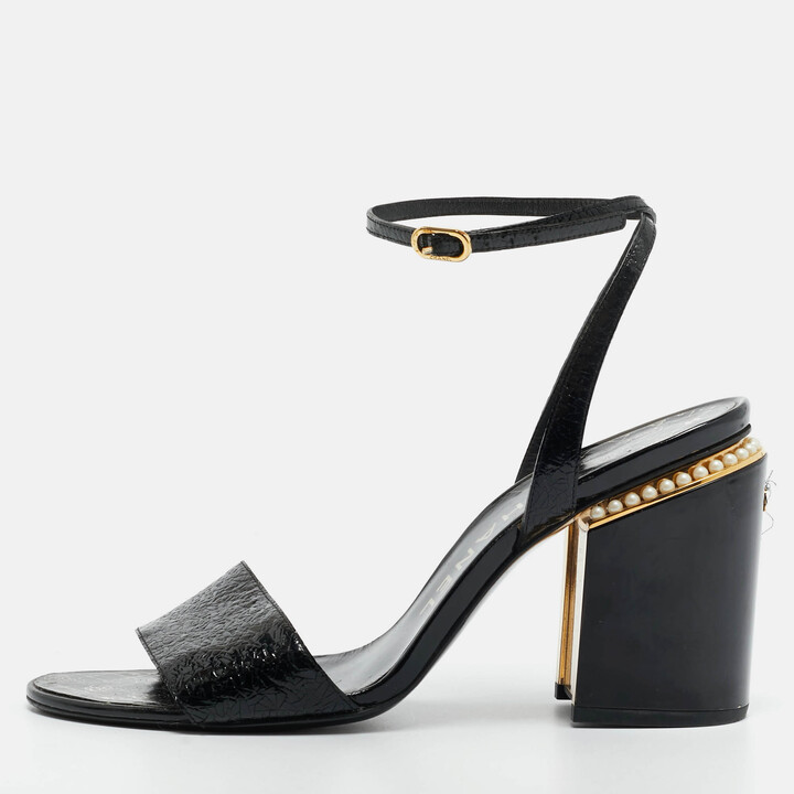 Chanel Size 41 Black Leather CC Pearl Embellished Ankle Strap Sandals