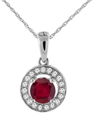 Sabrina Silver 14K White Gold Enhanced Genuine Ruby Necklace with Diamond Halo Round 5 mm