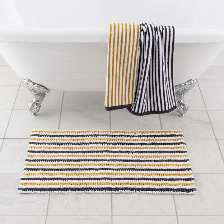 Dunelm Mustard and Charcoal Stripe Bobble Bath Mat Yellow/Grey/White