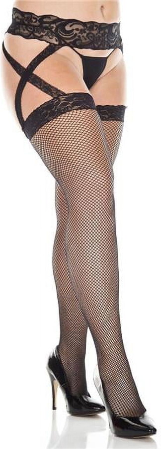 Music Legs Women’s Women’s Plus size criss cross lace fishnet garterbelt stockings 7910Q-BLACK