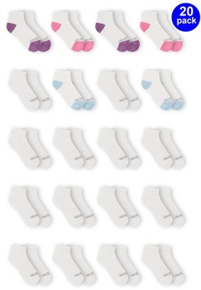 Fruit of the Loom Girls Socks, 20 Pack Ankle Durable Cushioned, Sizes S - L