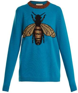 Gucci - Bee Jacquard Wool Sweater - Womens - Blue Multi