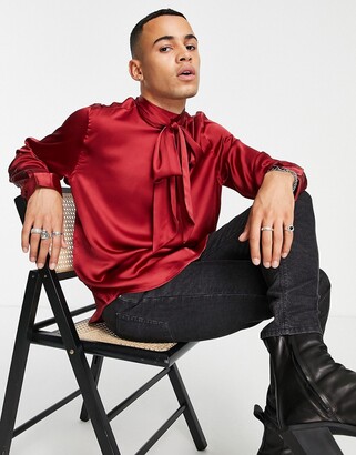 ASOS DESIGN satin shirt with pussybow tie neck in deep red - ShopStyle
