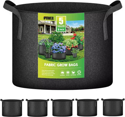 iPower 5 Gallon 5 Pack Plant Grow Bags Thickened Nonwoven Aeration Fabric Pots Heavy Duty Durable Container, Strap Handles for Garden