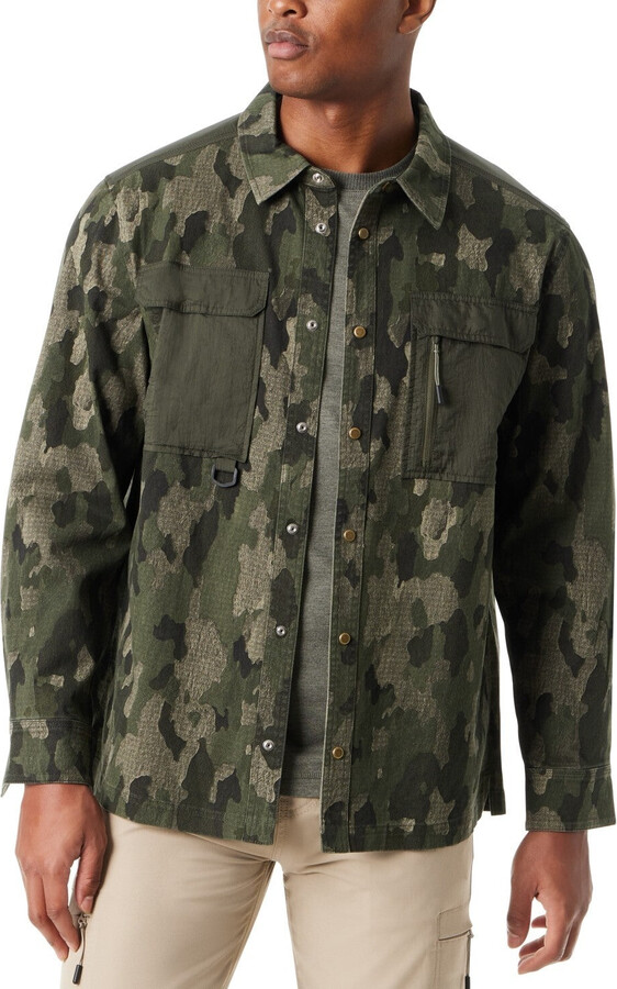 Men's Bass Outdoor Jacket Green Camo Stretch Long Sleeve Relaxed Fit MAC44