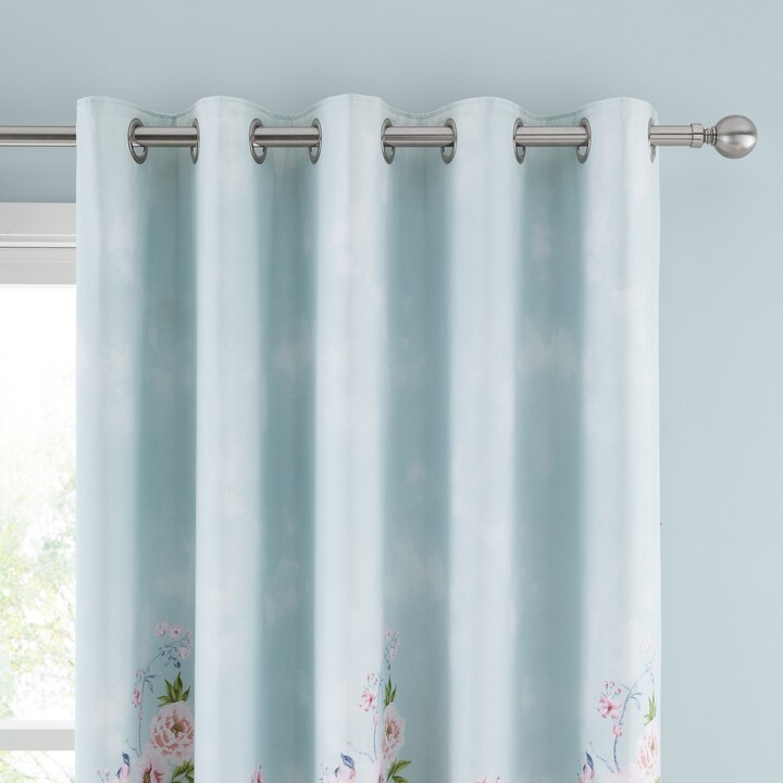 Dunelm Chinoiserie Bird Seafoam Blackout Eyelet Curtains Blue/Pink