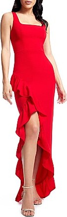 Dress the Population Charlene Square Neck Sleeveless Cascading Ruffle Side Slit Gown