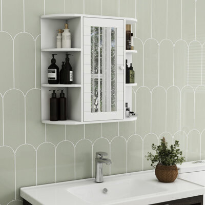 Wall Mounted Cabinet With Mirror For Bathroom - 6 Open Shelves, 3 Adjustable, E1 White Space Saving Design