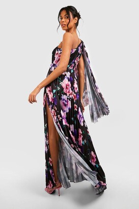 boohoo Pleated Floral Satin Asymmetric Maxi Dress