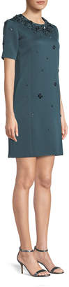 Zac Posen Cap-Sleeve A-Line Beaded-Embroidered Short Crepe Dress