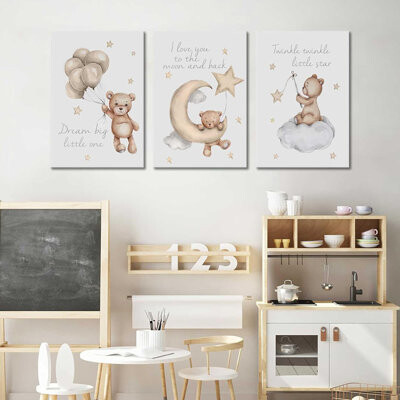 3Pcs Teddy Bear Wall Art Cute Little Bears Wall Decor Slepping Teddy Bears Posters Prints Moon Star Cloud Neutral Nursery Canvas Pictures For Kid's Ro