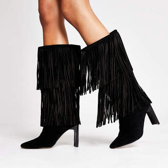 River Island Black suede knee high heeled boots