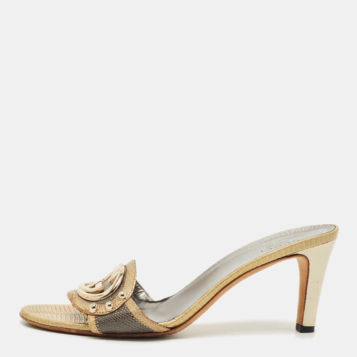 Gucci Grey/Olive Green Croc Embossed and Lizard Embossed Interlocking G Slide Sandals Size 37.5