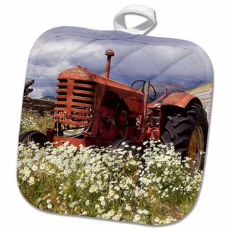 3dRose Image of Vintage Tractor Out In The Country With Wild Flowers - Pot Holder, 8 by 8-inch