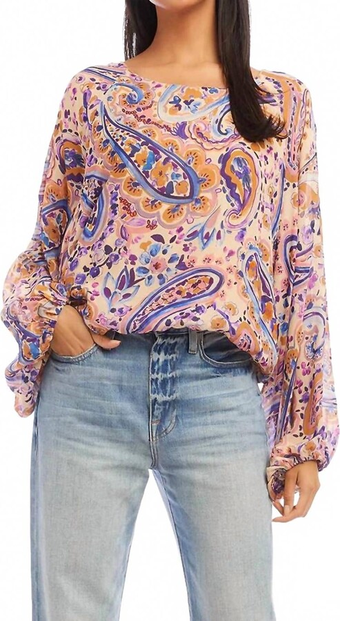 Karen Kane Pia Paisley Blouson Top In Blues, Purples, Pink, Gold