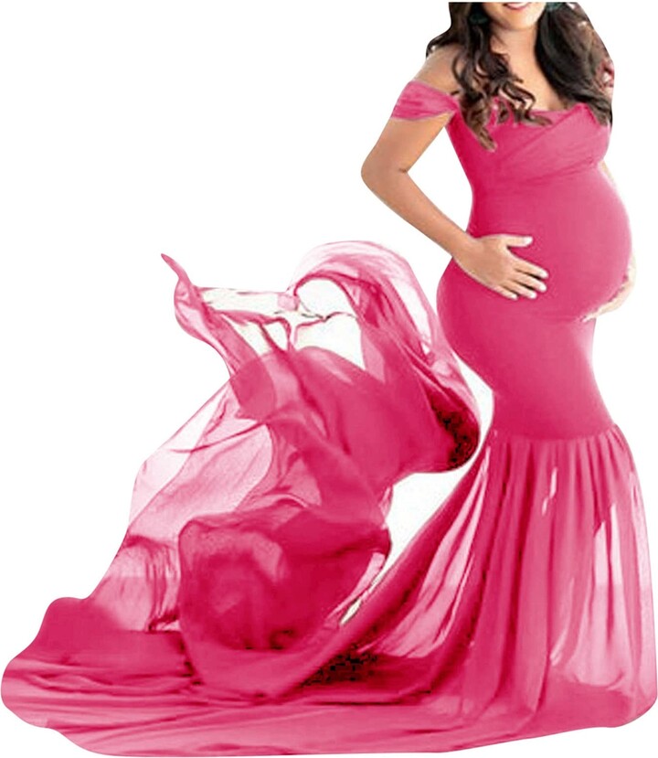 Qiribati Maternity Chiffon Dresses for Photo Shoot Off Shoulder Maxi