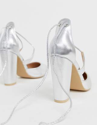 Glamorous Wide Fit silver block heeled tie up court shoes