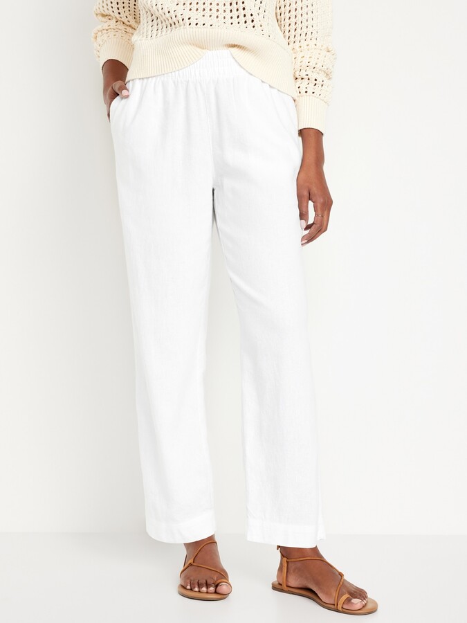 Maternity Rollover-Waist Linen-Blend Straight Cropped Pants