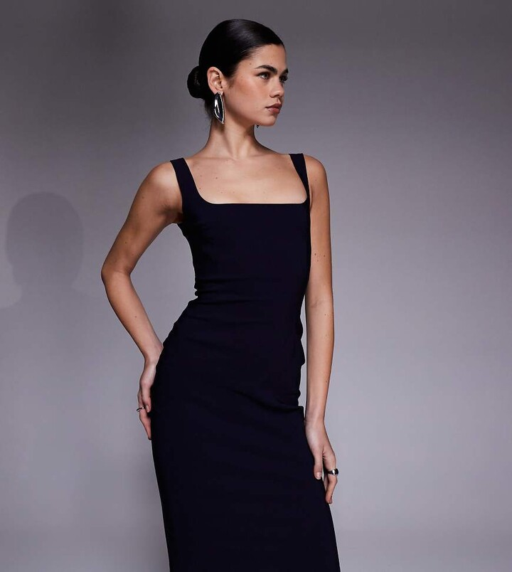 Vesper bengaline square neck bodycon midi dress in black