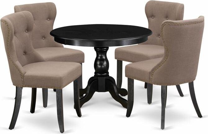 East West Furniture 5 Piece Kitchen Dining Table Set - Black Wood Table and 4 Coffee Linen Fabric Dining Chairs Button Tufted Back with Nail Heads - W