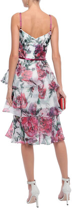 Marchesa Notte Tiered twist-front floral-print organza dress