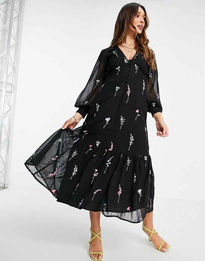 ASOS DESIGN button through embroidered maxi tea dress in black - ShopStyle
