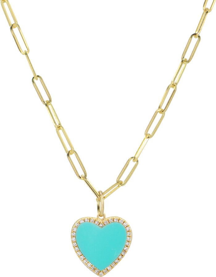Kamaria Turquoise Heart Necklace With Diamonds On Gold Paperclip Link Chain