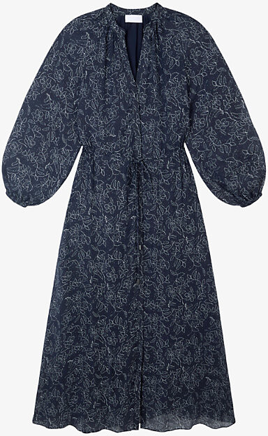 The White Company Womens Navy Flower Outline and Small Polka-Dot Printed Woven Midi Dress 4