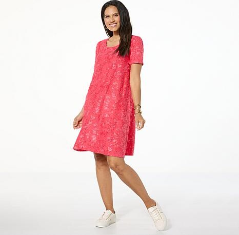 Nina Leonard Jacquard Scoop Neck Elbow Sleeve Trapeze Dress - High Dive - Size Large