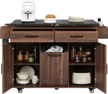 Red Barrel Studio Style Kitchen Island With Trash Can Holder Foldable Drop Leaf Adjustable Shelves White Modern Drawer Tilt-Out Garbage Container