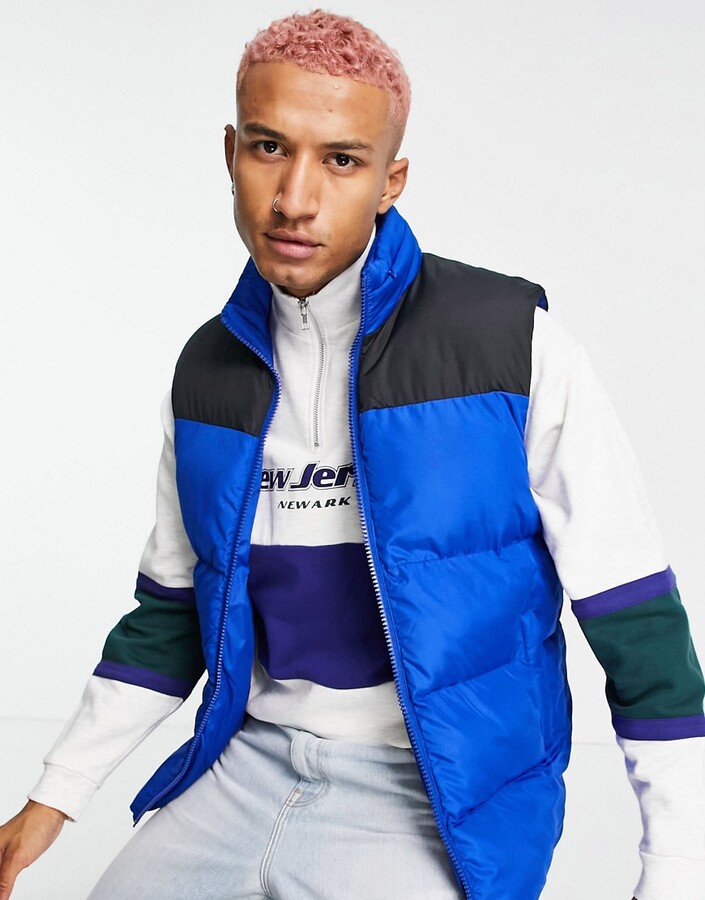 ASOS DESIGN puffer vest with contrast panel and packable hood in cobalt blue  - ShopStyle Outerwear