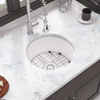 DAPPER DOODLES INC 18 Inch Dual Mounted Single Bowl Ceramic Circular Kitchen Sink With Drain Assembly And Bottom Grid