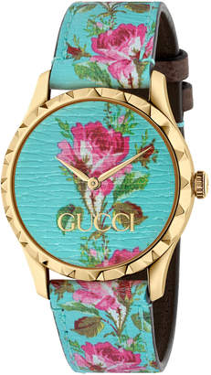 Gucci 38mm G-Timeless Blooms Leather Watch, Gold/Aqua