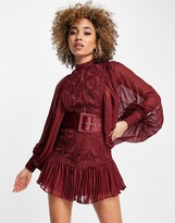 Thumbnail for your product : ASOS DESIGN lace mini dress with pleated sleeve and belt in burgundy
