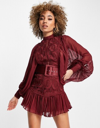 ASOS DESIGN lace mini dress with pleated sleeve and belt in burgundy