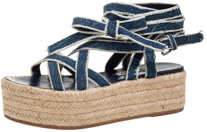 Miu Miu Blue/White Denim Wrap Around Flat Sandals Size 34.5 - ShopStyle