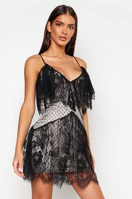 boohoo Premium Strappy Lace Frill Hem Mini Dress